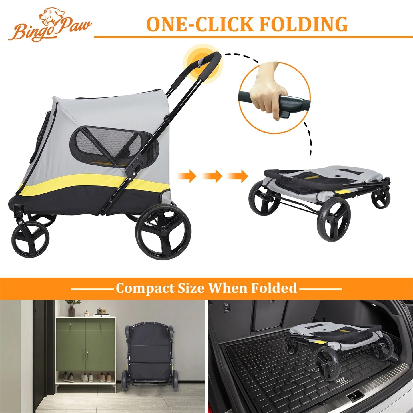 One-Click Folding Pet Stroller with Shock Absorbers for Large Dogs & Cats