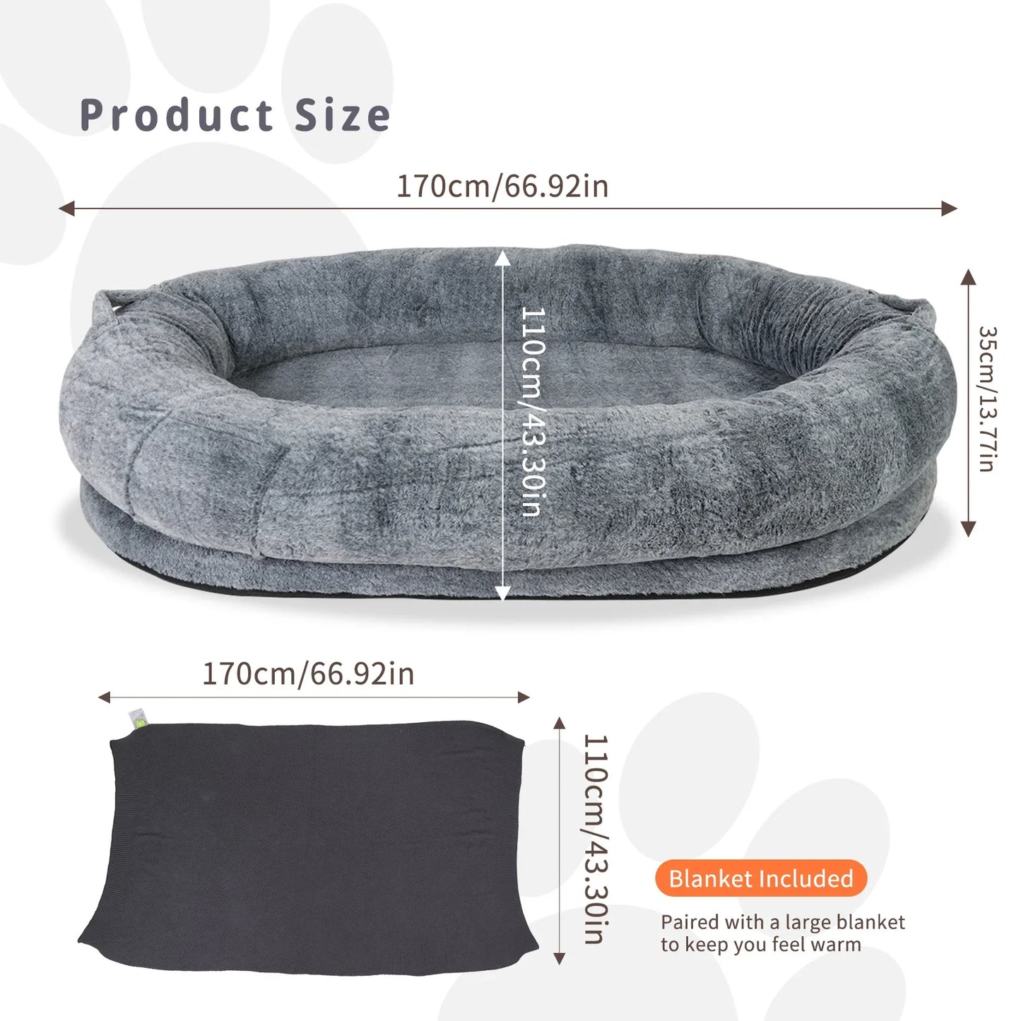 Human Size Large Dog Bed with Detachable Cover and Blanket - 66" (170CM)