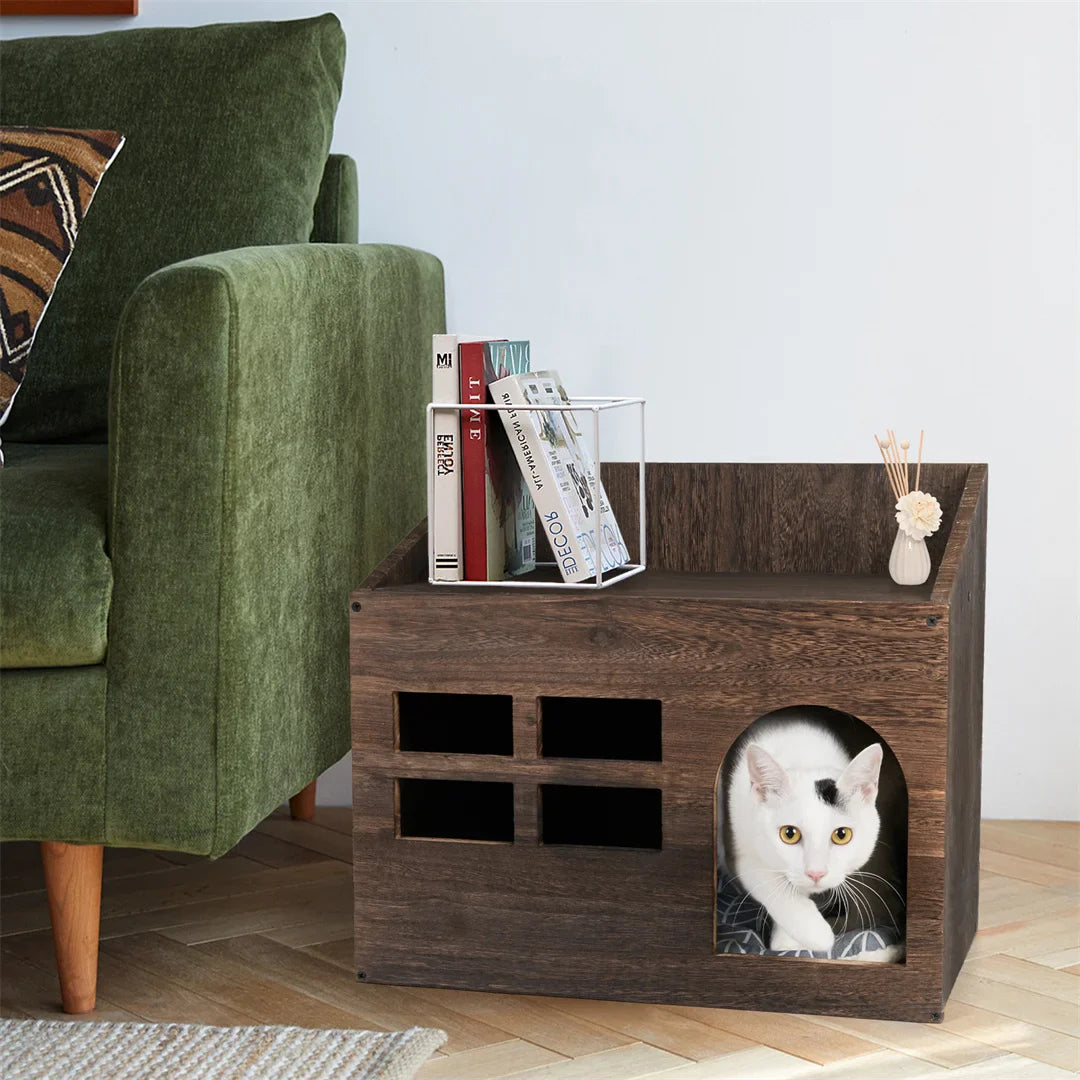 Solid Wooden Cat Cave Bed with Cushion Pad - Indoor Kitten Sleep Lounge and Litter Box Furniture