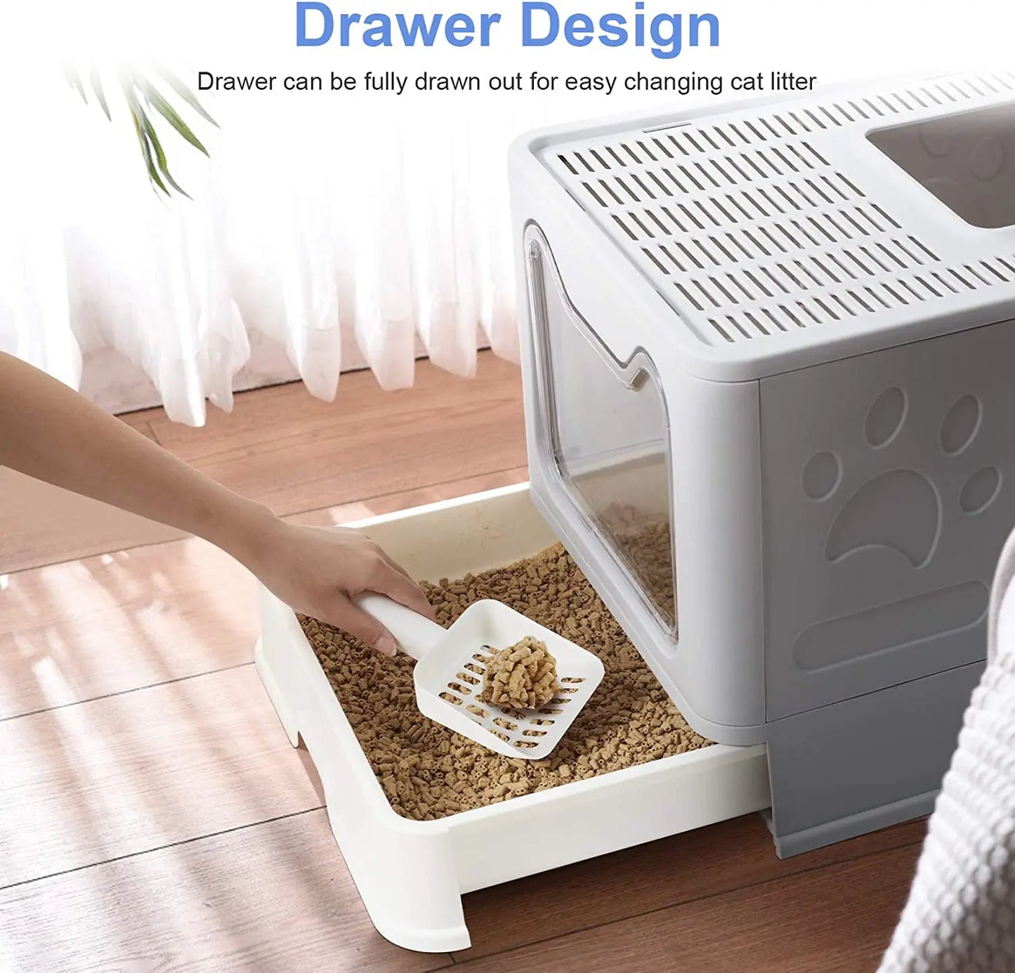 Extra Large Foldable Cat Litter Box - Front Entry, Top Exit, Scoop, and Drawer - Hooded Kitty Pet Toilet