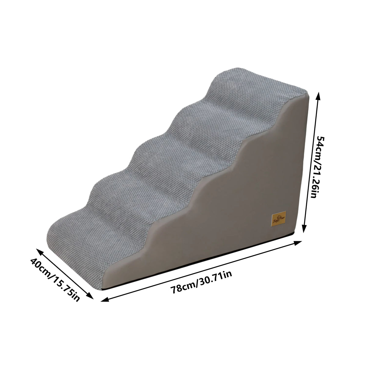 5-step gray curved pet stairs measuring 40cm L x 78cm W x 54cm H.