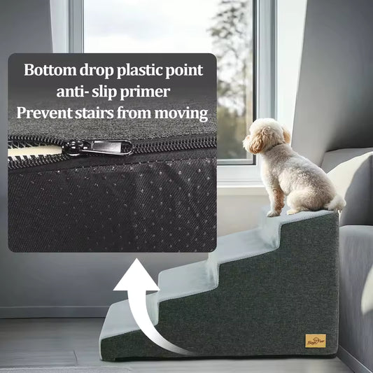 A small dog sits on a 4-step grey foam pet staircase with an anti-slip bottom.