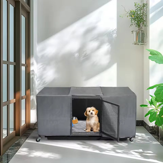 Metal pet enclosure with wheels and a fabric cover, positioned indoors on a tiled floor with a small puppy sitting inside near an open door.