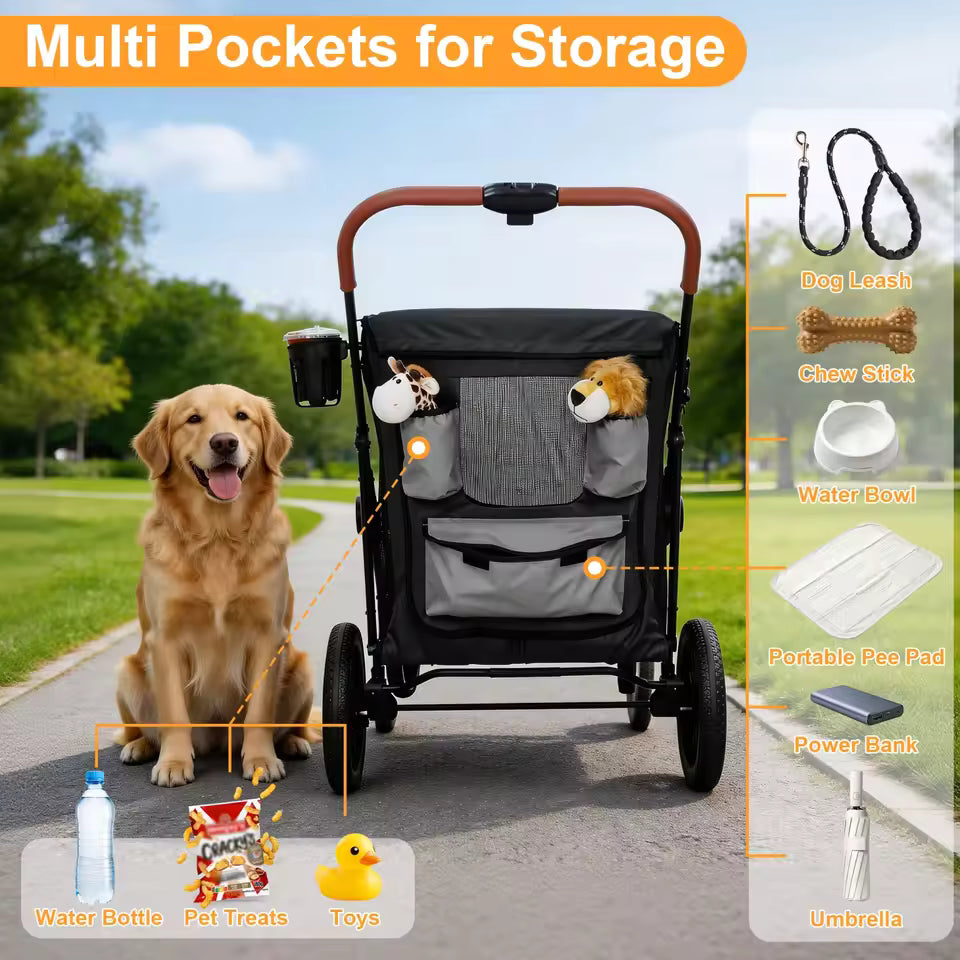 Pet stroller storage pockets holding items like treats, water, and accessories with a dog sitting beside it.