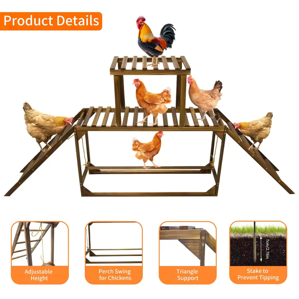 Wooden chicken perch with product details showing adjustable height, perch swing, triangle support, and stakes.