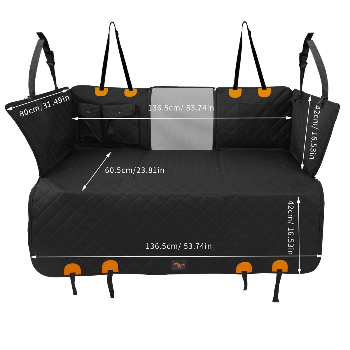 Black dog car seat cover with labeled dimensions showing 136.5cm width and pockets.