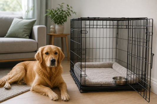 Golden dog beside an open black crate with a stable stainless steel water bowl inside