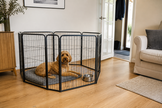 Calm dog resting in an indoor playpen with water while the room doorway is visible