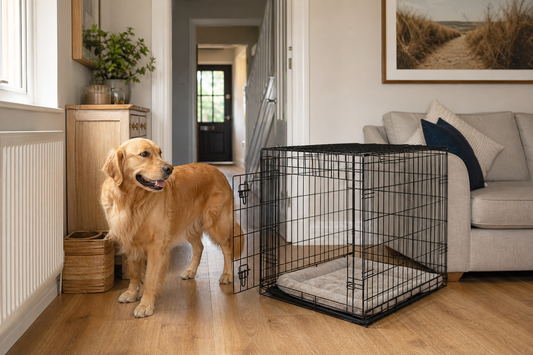 Calm golden dog beside an open black wire crate moved between rooms in a UK home