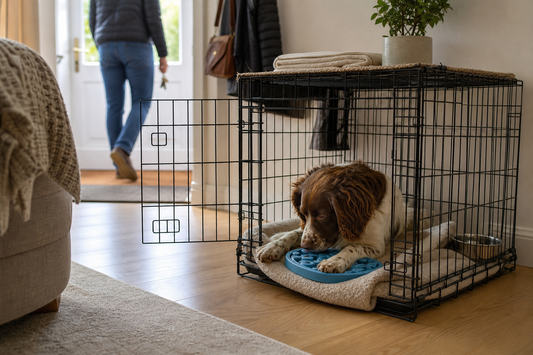 Relaxed dog in an open crate with a food toy as its owner leaves calmly