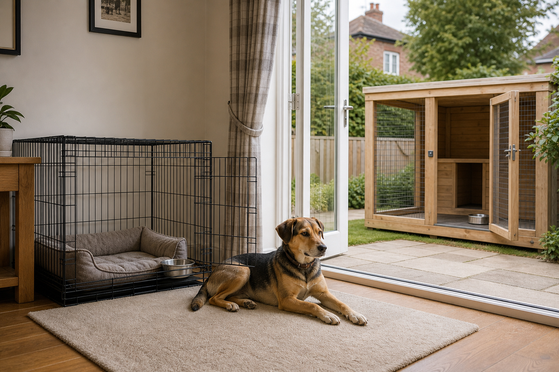 Calm dog beside an open wire crate and weather-protected wooden kennel