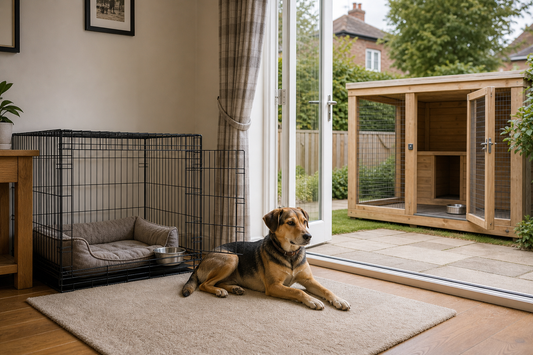 Calm dog beside an open wire crate and weather-protected wooden kennel