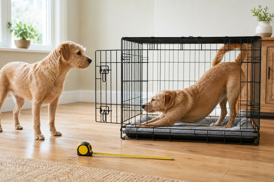 Dog stretching inside an open crate with a measuring tape nearby