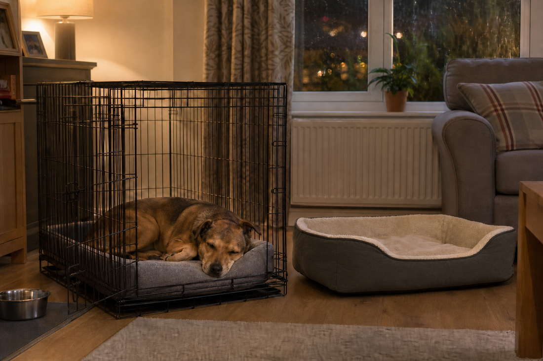 Adult dog sleeping in an open crate beside an alternative bed