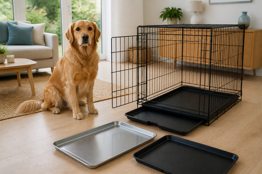 Calm dog beside an open crate with plastic and metal dog crate trays in a UK living room