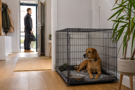 Calm dog resting in an open crate while a tradesperson stands near the doorway in a UK home