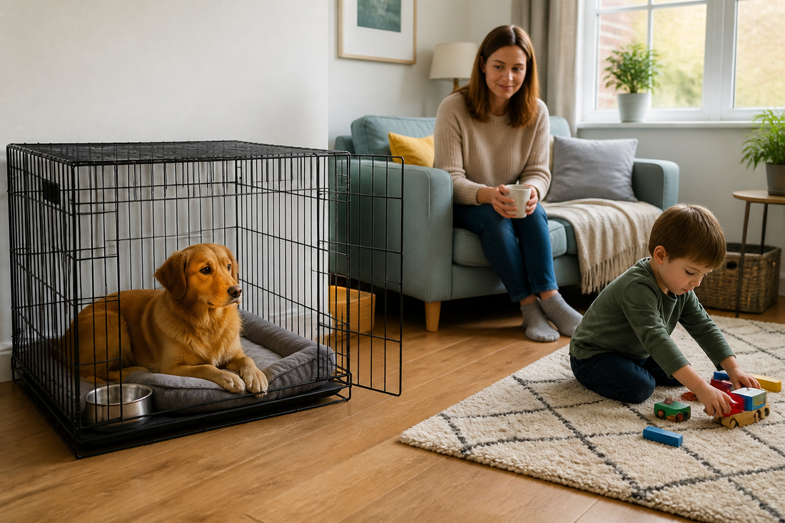 Calm dog resting in an open crate while a child plays at a safe distance in a UK living room
