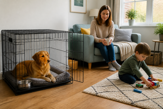 Calm dog resting in an open crate while a child plays at a safe distance in a UK living room
