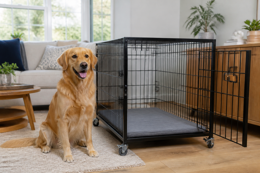 Calm golden dog beside an open wheeled dog crate with locks engaged in a UK living room
