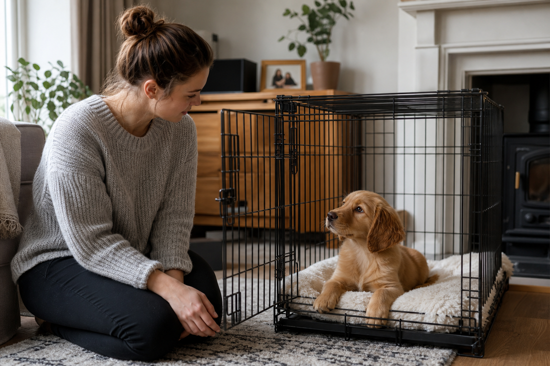 Owner calmly helping a relaxed young dog beside an open crate
