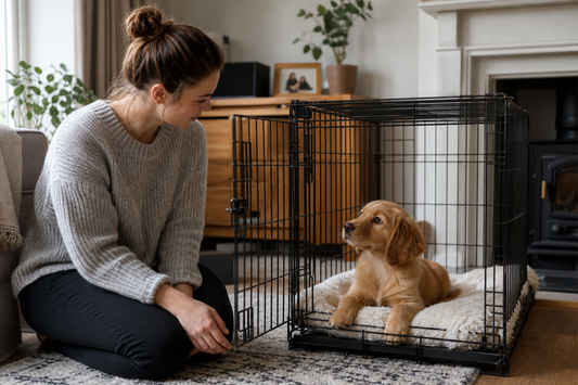 Owner calmly helping a relaxed young dog beside an open crate