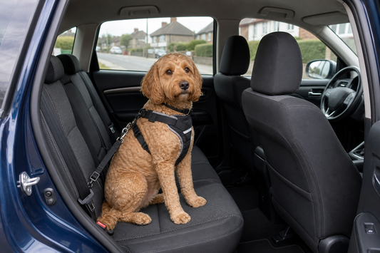 Dog secured with a body harness on the rear seat of a right-hand-drive UK car