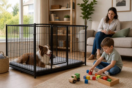 Dog resting in a black playpen while a child plays safely outside in a UK living room