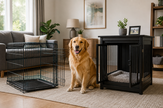 Calm golden dog between an open foldable wire crate and furniture-style dog crate in a UK living room