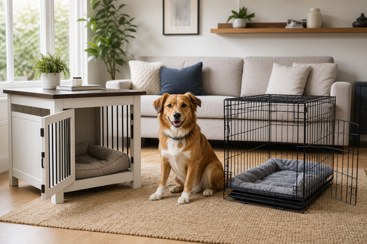 Calm dog between an open furniture dog crate and wire crate in a UK living room
