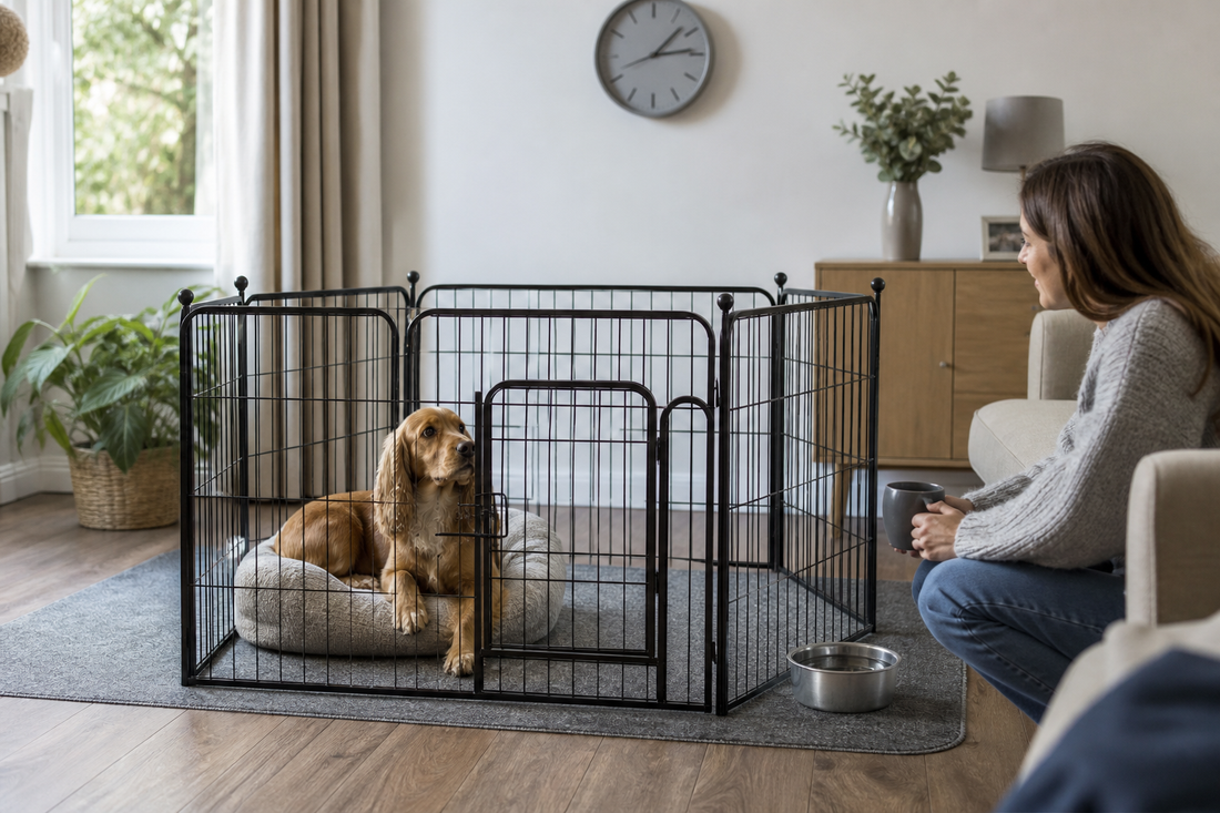 Calm dog resting in an indoor playpen while an adult supervises nearby