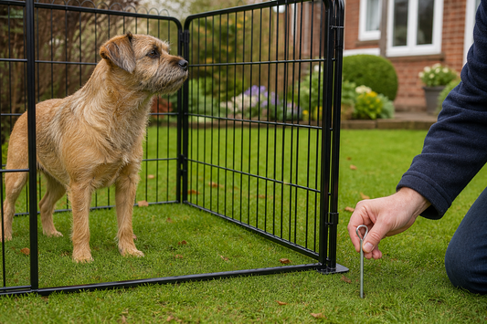 Dog beside a black outdoor dog pen while a ground stake anchors the panel in a UK garden