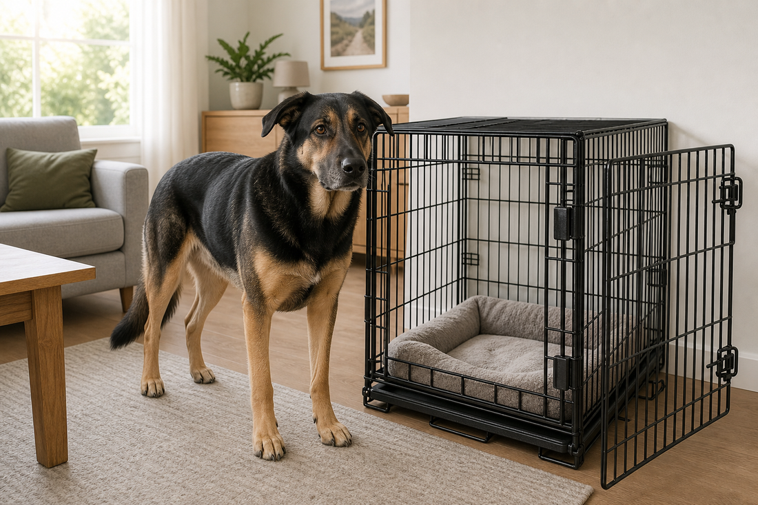 Strong large dog beside an open heavy-duty black metal crate in a UK living room