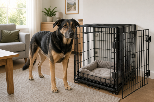 Strong large dog beside an open heavy-duty black metal crate in a UK living room