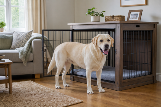 Large Labrador beside an open furniture-style dog crate in a UK living room