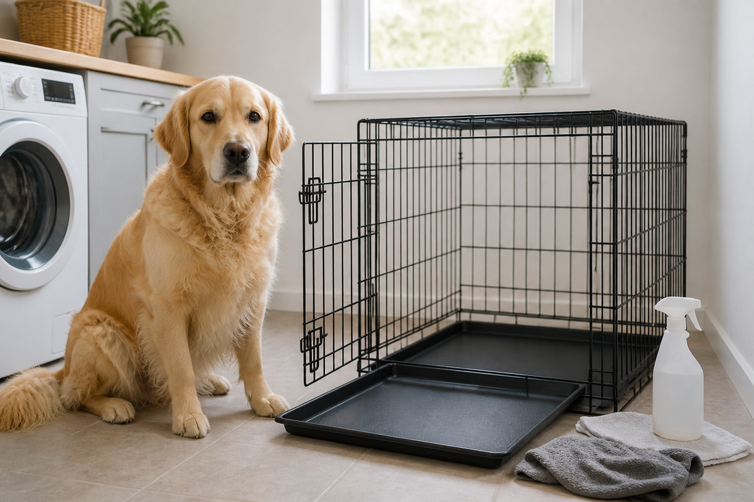 Golden retriever beside an open clean dog crate with tray and cleaning cloth in a UK utility room