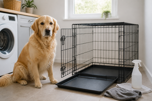 Golden retriever beside an open clean dog crate with tray and cleaning cloth in a UK utility room