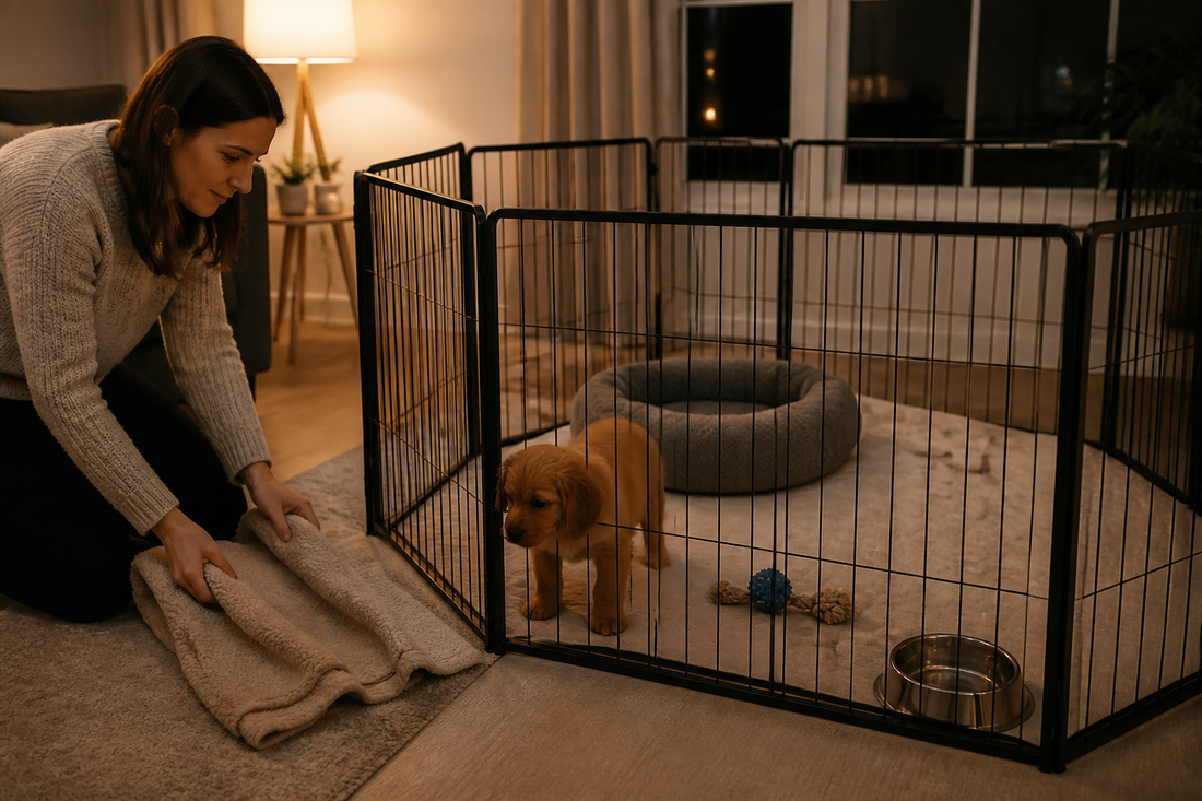 Puppy in a black playpen during a calm first-night setup in a UK home