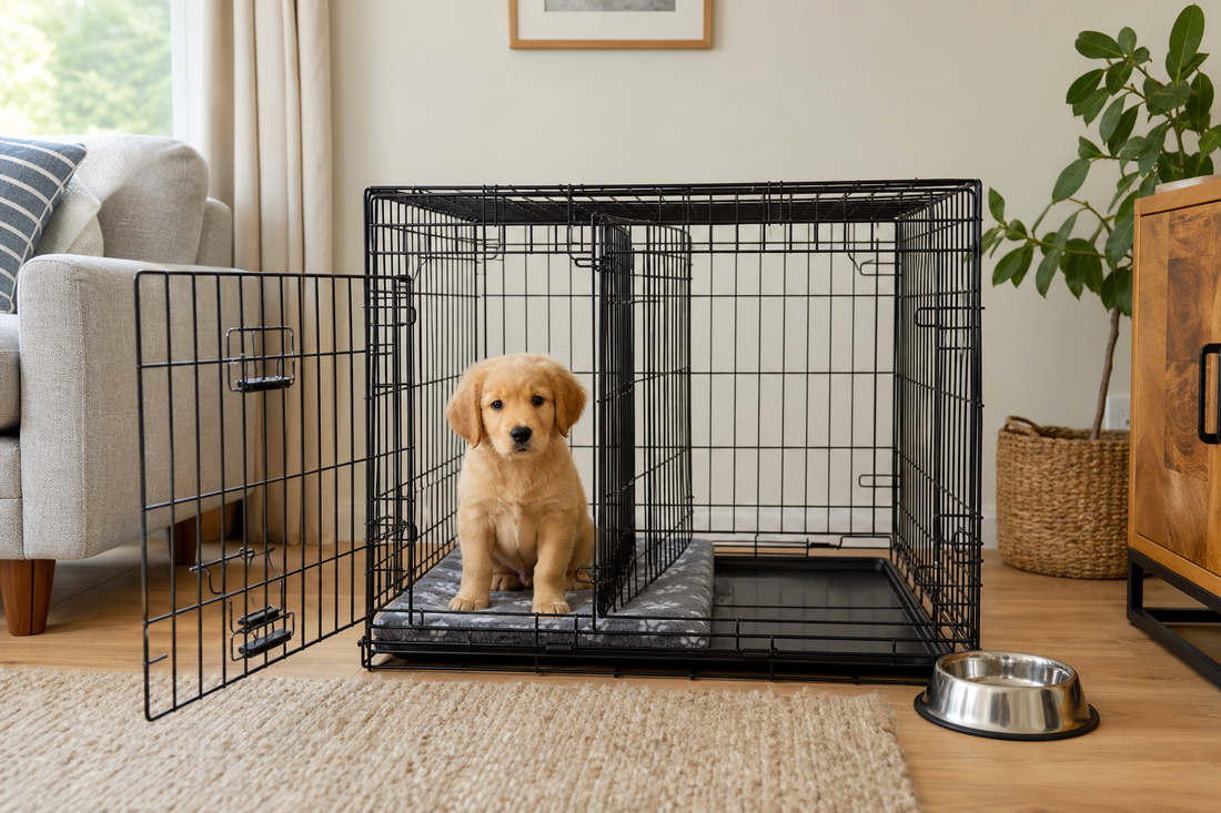 Golden puppy sitting calmly in a divided black dog crate in a UK living room