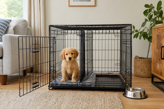 Golden puppy sitting calmly in a divided black dog crate in a UK living room