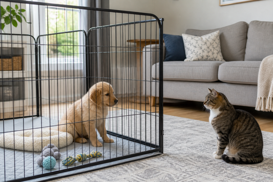 Puppy in a black playpen calmly watching a cat in a UK living room