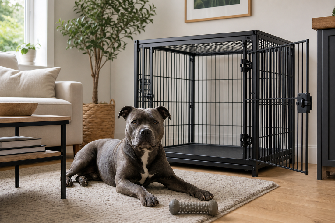 Strong calm dog beside an open heavy-duty black metal crate in a UK living room