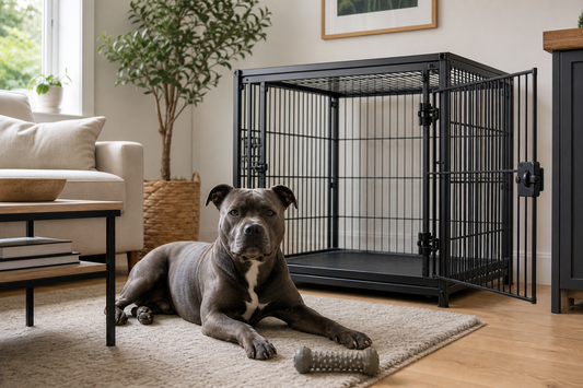 Strong calm dog beside an open heavy-duty black metal crate in a UK living room