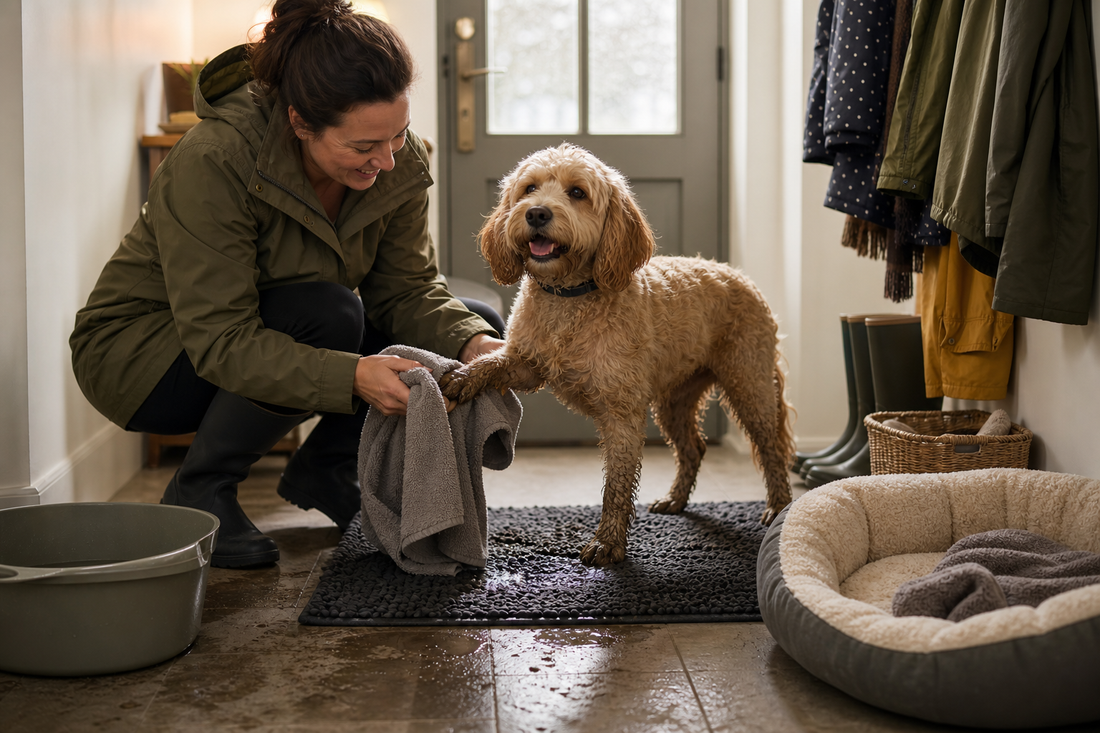 Owner drying a dog’s muddy paws on an absorbent mat in a UK hallway