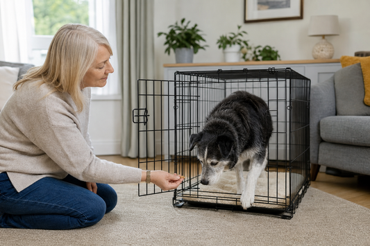 Older dog voluntarily entering an open crate while its owner offers a reward