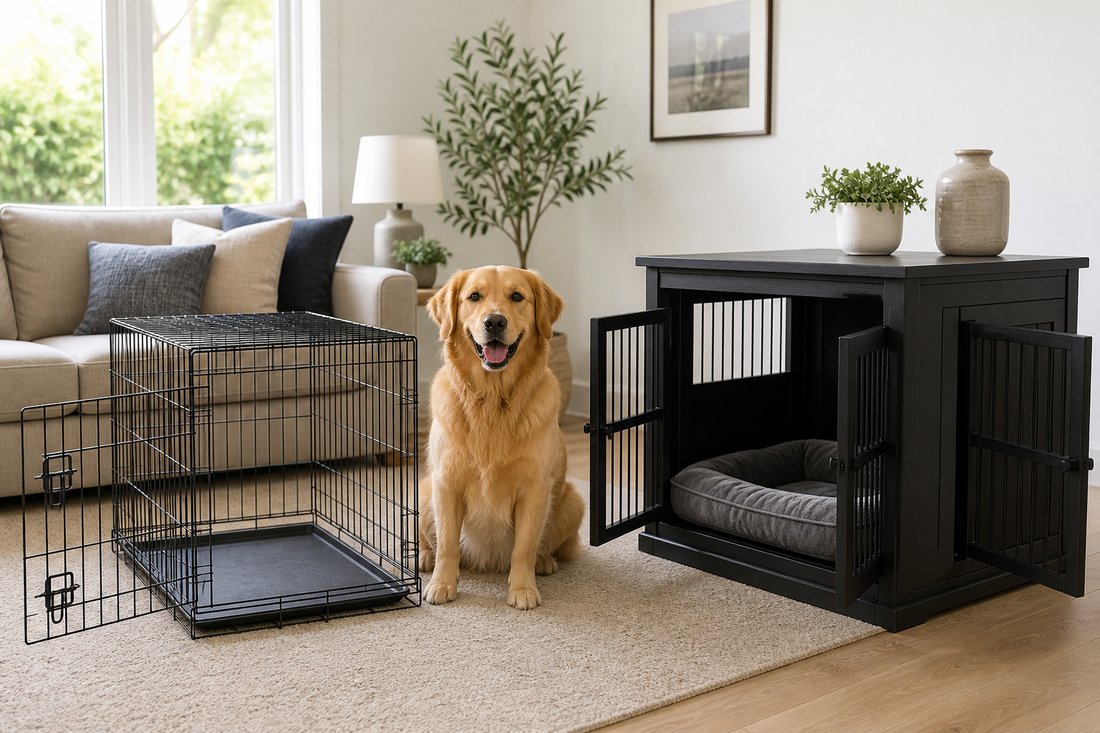 Golden retriever between a one-door wire crate and multi-door furniture dog crate in a UK living room