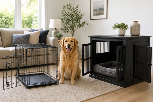 Golden retriever between a one-door wire crate and multi-door furniture dog crate in a UK living room