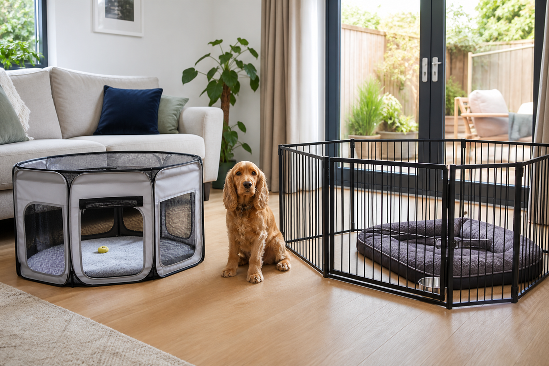 Dog between a portable fabric playpen and a heavy-duty black metal dog pen in a UK living room