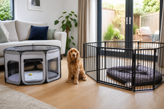 Dog between a portable fabric playpen and a heavy-duty black metal dog pen in a UK living room