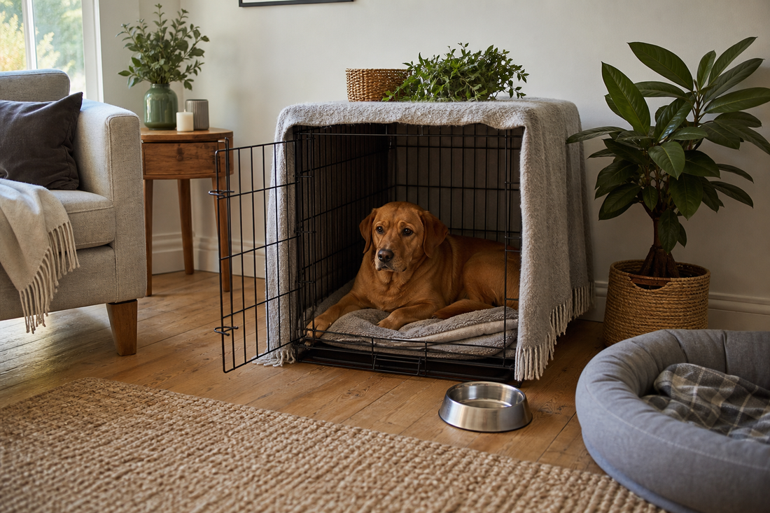 Calm dog relaxing voluntarily inside an open crate in a UK home