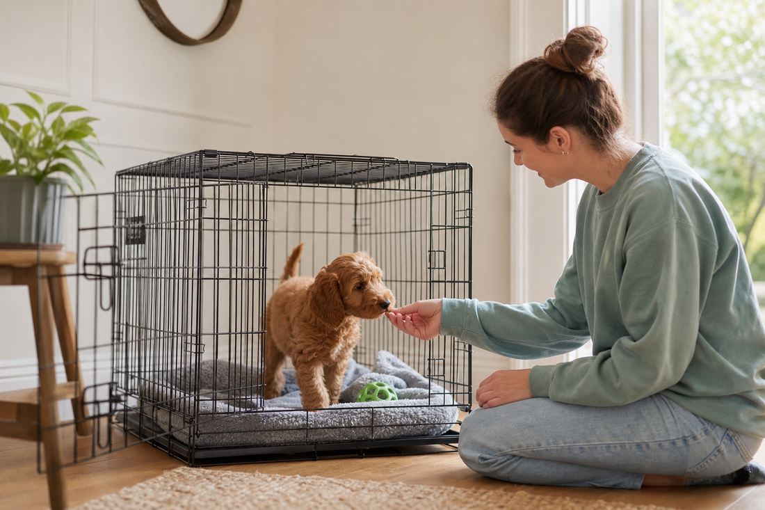 Puppy calmly exploring an open crate during reward-based training